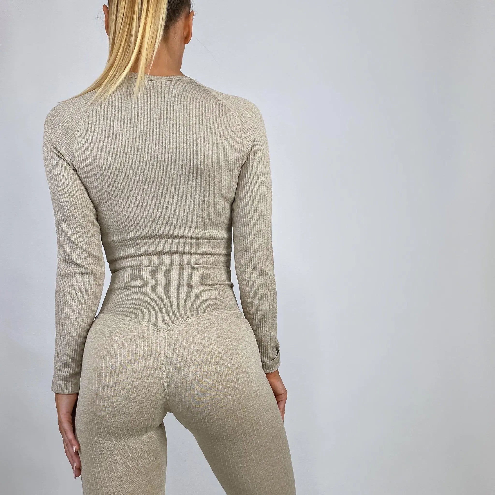 Ribbed Tights + Top - Beige-Tights + Crop Top-Paninisport.no